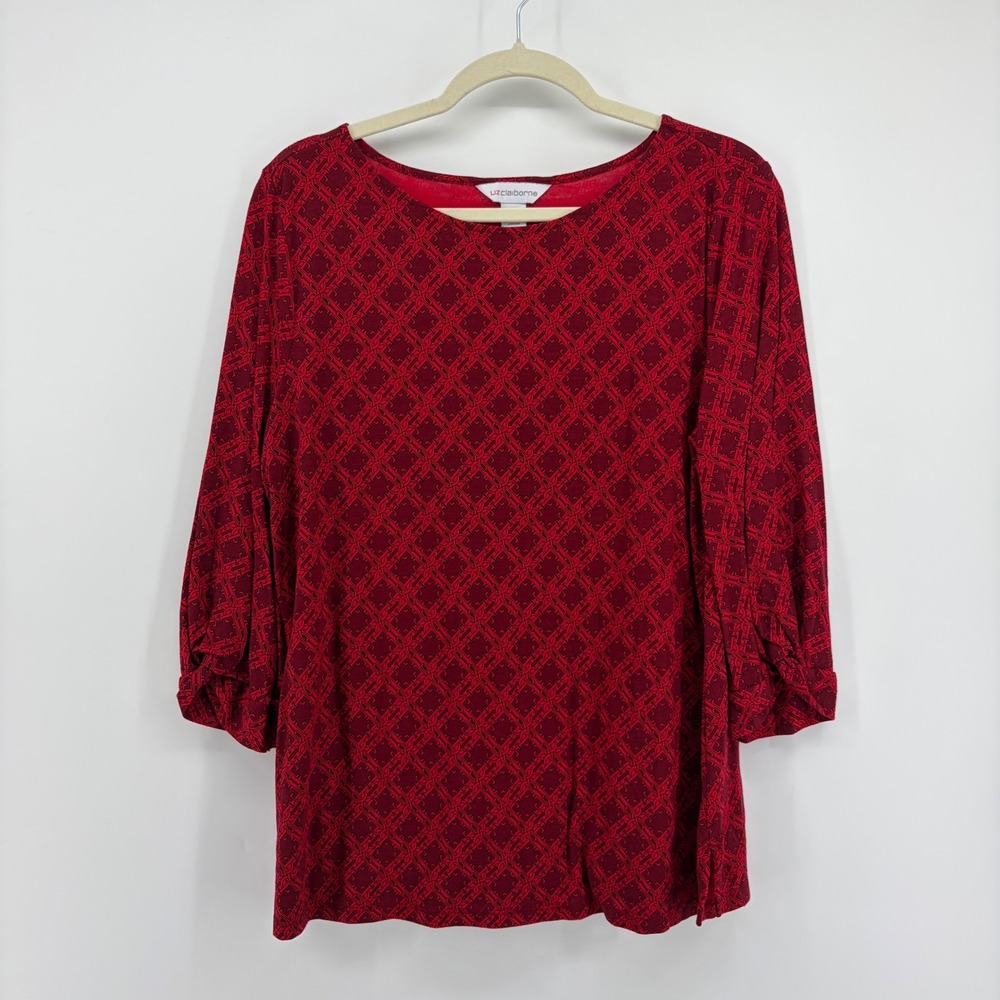 Liz Claiborne Womens Large Red Pullover Top 3/4 Sleeve Geometric Diamond Blouse